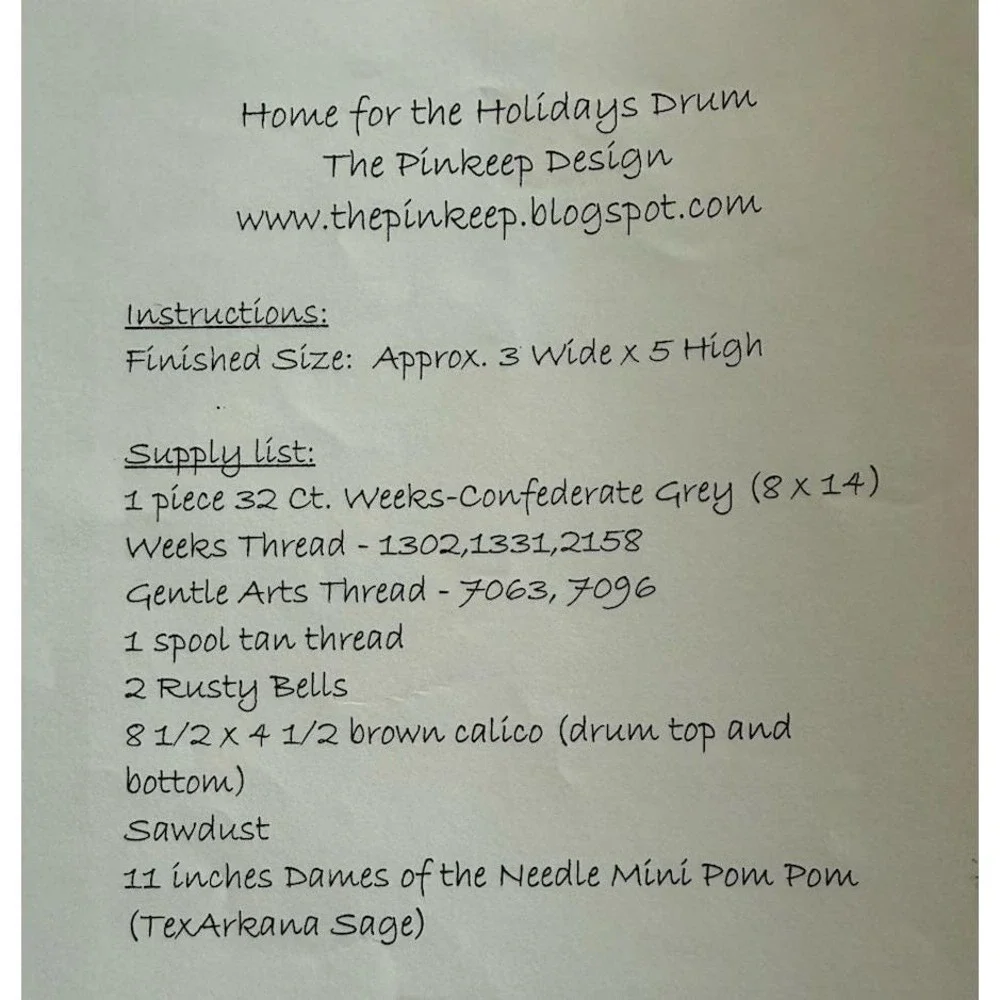 The Pinkeep Home For The Holidays Drum Cross Stitch Pattern ONLY Linda Thraen